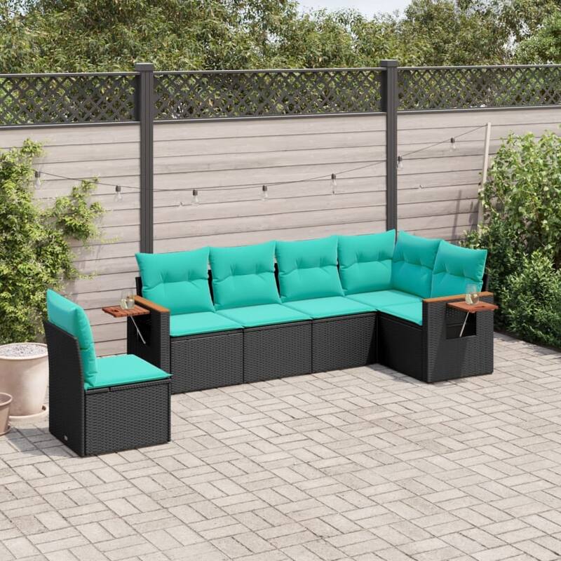 vidaXL 6 Piece Patio Sofa Set with Cushions Black Poly Rattan - 21.7x27.2x24.4-Without table