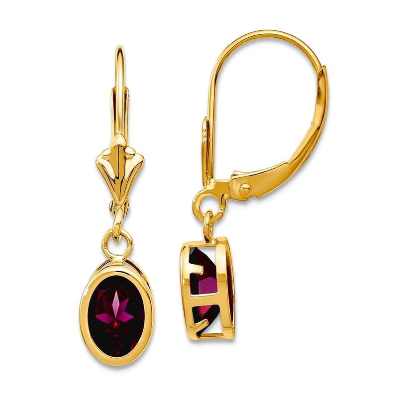 Curata 14k Yellow Gold 7x5mm Bezel Oval Natural Gemstone Leverback Earrings - 27x7mm - Rhodolite Garnet