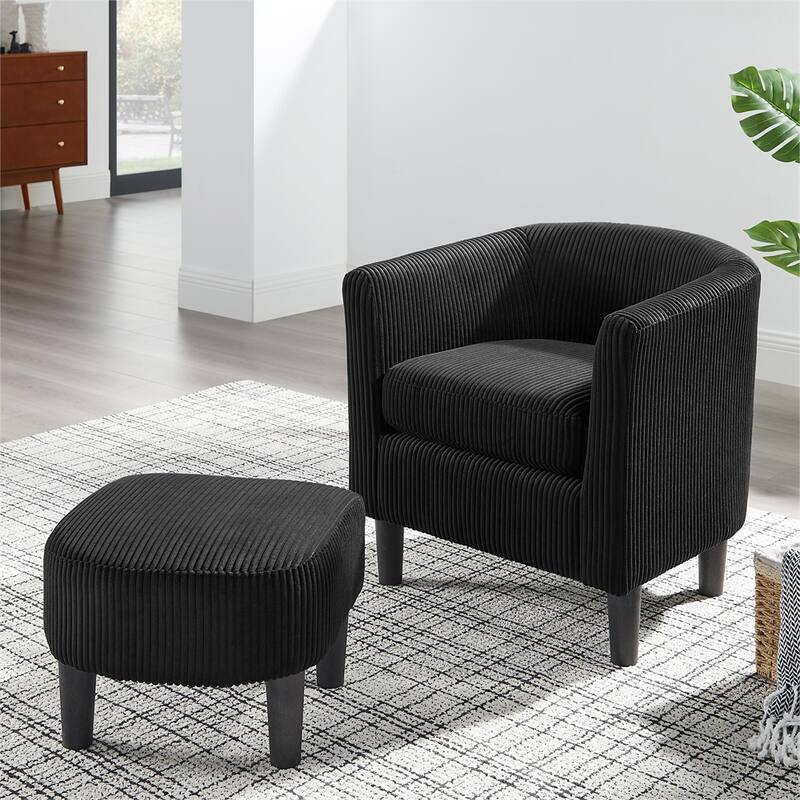Modern Fabric Upholstered Accent Chair with Ottoman Foot Rest - Black
