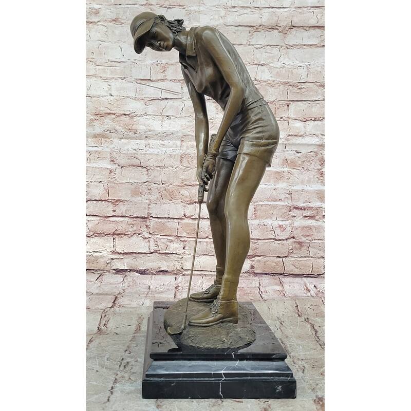 Bronze Female Golfer Sculpture – Lady Putting Golf Statue On Marble Base