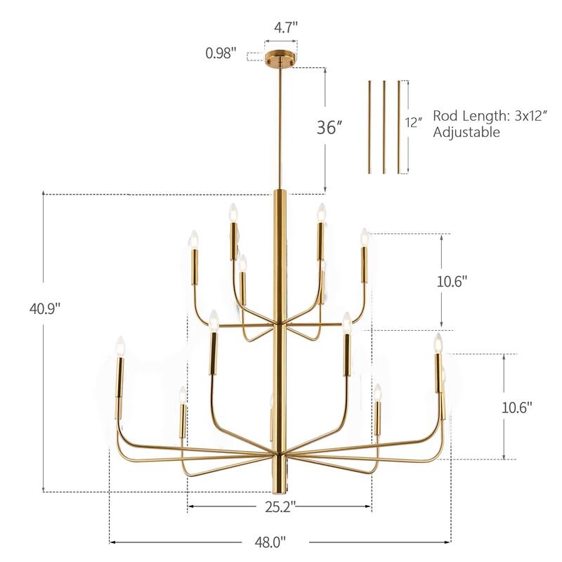 15-Light Minimalist Candlestick Chandelier, 2 Tier Ancient Design - 48