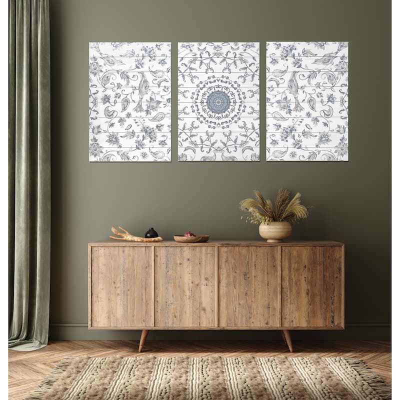"Chinoiserie Pattern" 3 Piece Set Print on Planked Wood Wall Art