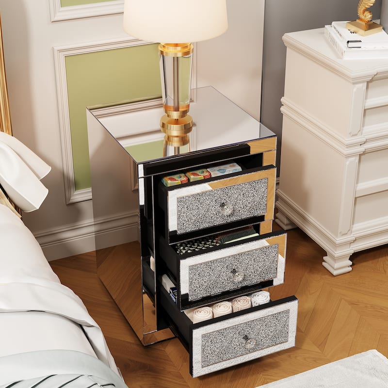 3-Drawer Mirrored Nightstand Bedside Table Glass Accent End Table Silver