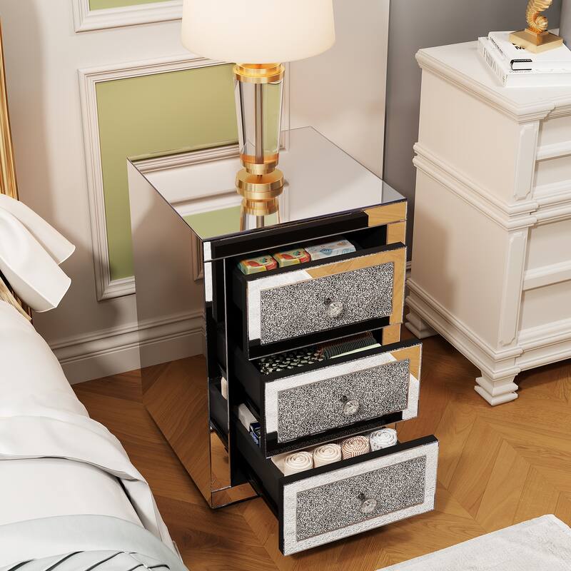 3-Drawer Mirrored Nightstand with Glitter Accents, Crystal Knobs & Silent Glide Drawers for Bedroom or Living Room