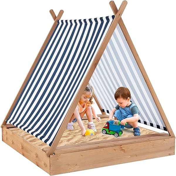 slide 2 of 6, Wooden Sandbox Canopy Tent w/ Fir Wood Frame & 2 Bench Seats Natural