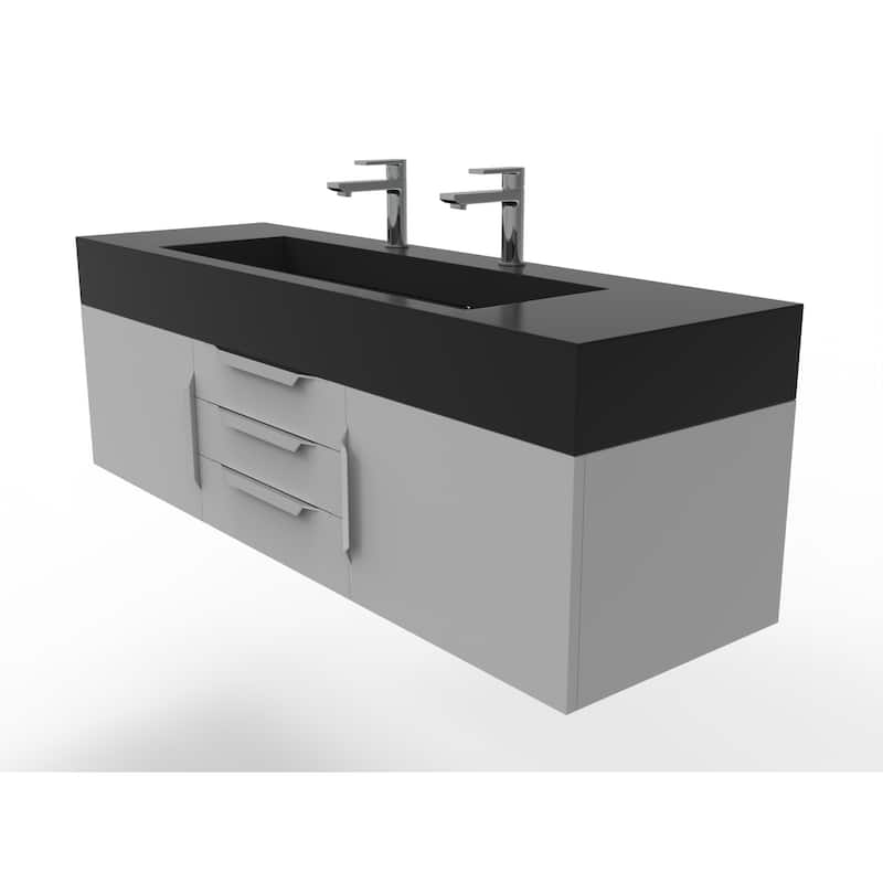 Nile 60" Wall Mounted Bathroom Vanity Set w/ Black Top