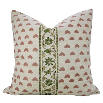 Fabdivine Pink Soft Linen Floral Pillow Cover for Summer Bedroom or Fall Dining 22x22 Inch Block Print Cushioncase, Priya