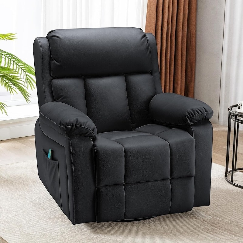 Heated 360° Swivel Massage Recliner Chair - Luxury PU Leather Reclining Sofa with Side Pocket for Living Room - Updated - Black
