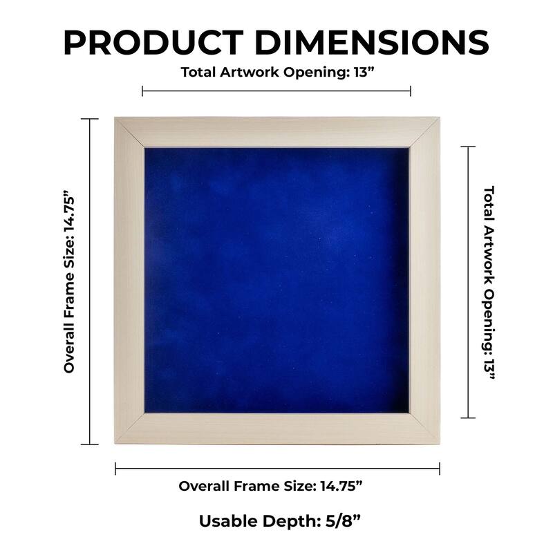 13x13 Shadow Box Frame White Washed Wood | With a 3/4" Usable Display Depth | Includes a Royal Blue Real Suede Texture Acid-Free