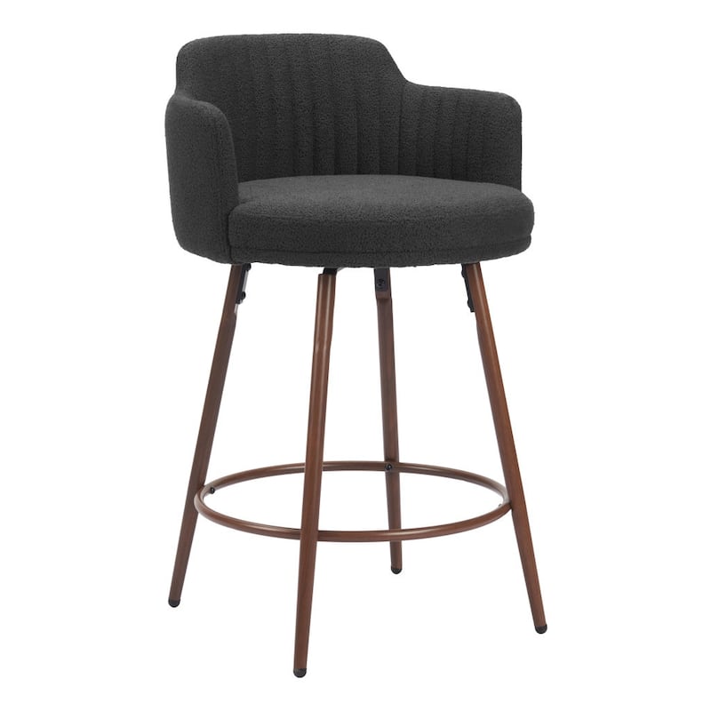 HomeRoots Set of Two 26" Black and Walnut Faux Shearling and Steel Counter Height Swivel Bar Chairs