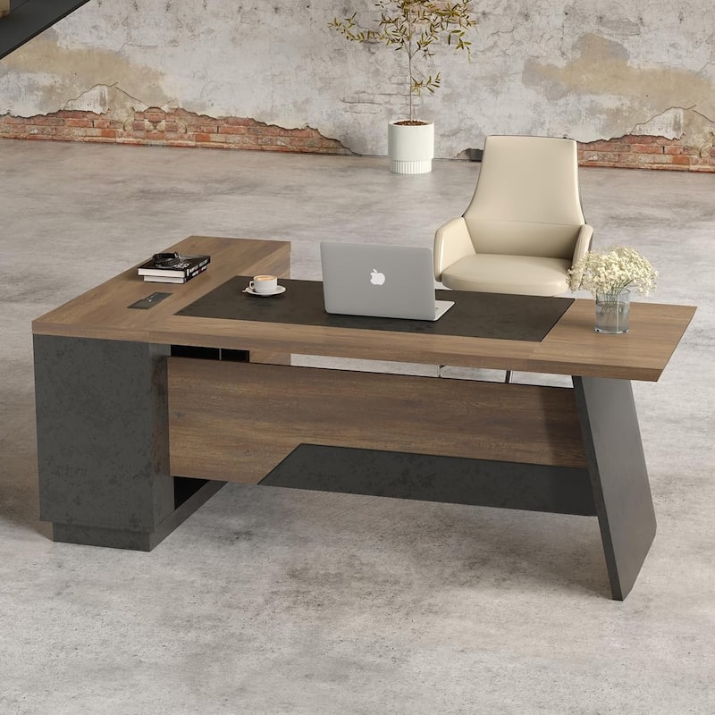 78in Modern L-Shaped Executive Desk with Drawer 2-Tier Storage Shelves Cabinets