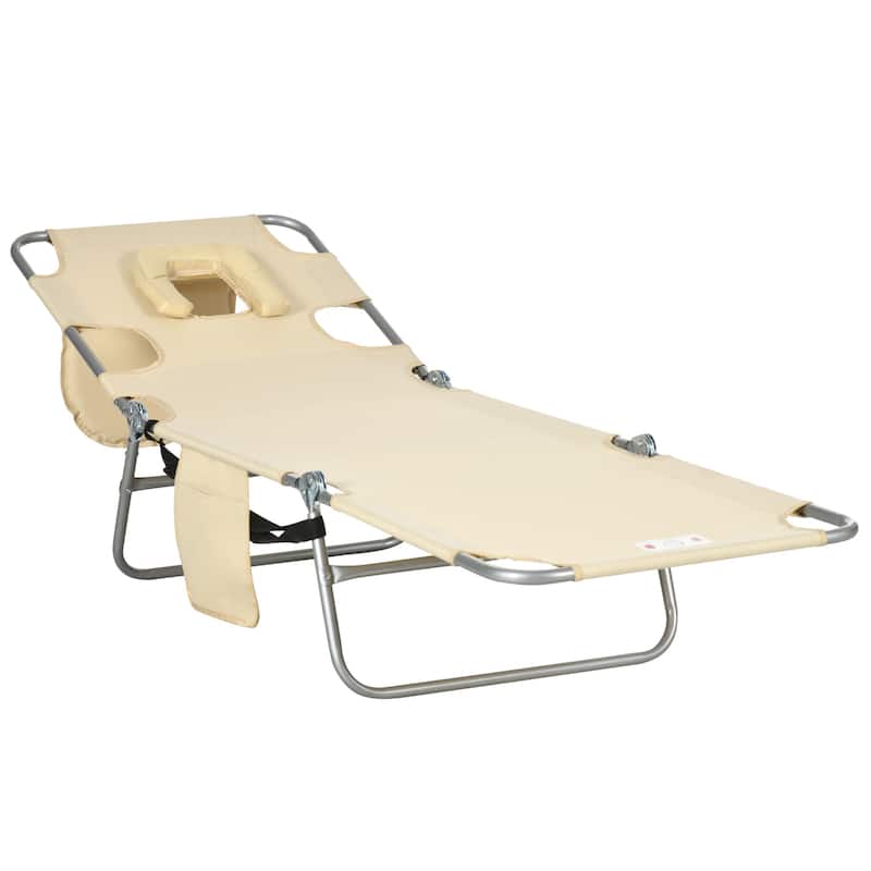 Outsunny Folding Beach Lounge Chair with Face Hole and Arm Slots, 5-level Adjustable Sun Lounger Tanning Chair with Pillow