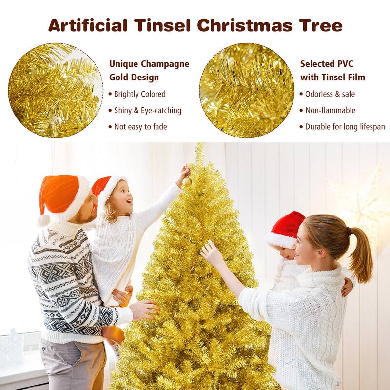 Gymax 6FT Tinsel Christmas Tree Artificial Hinged w/ Metal Stand - See Details