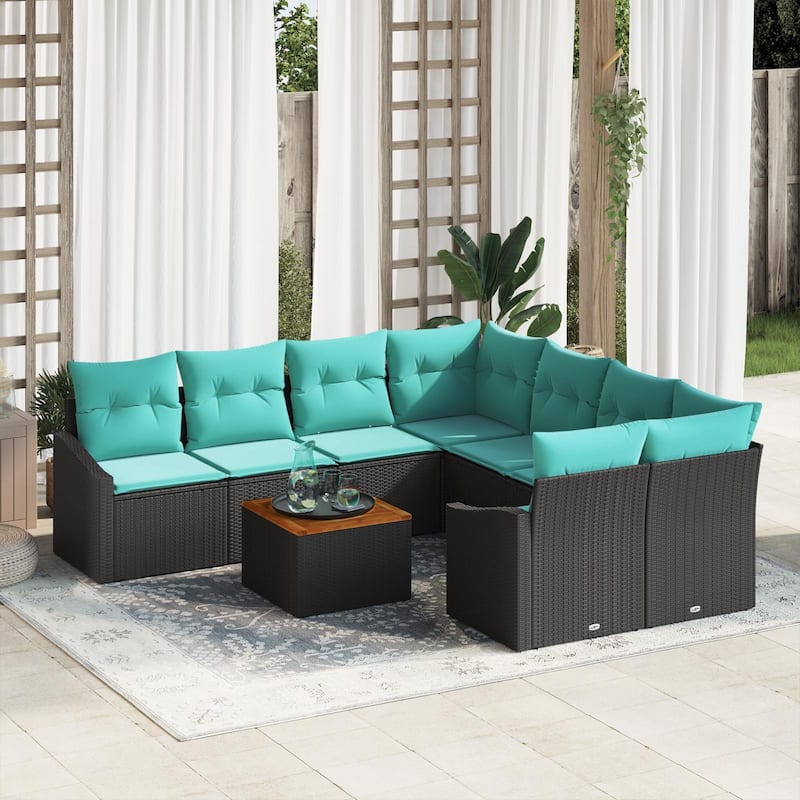 vidaXL 9 Piece Garden Sofa Set with Cushions Black Poly Rattan Acacia - 91.9×92.1×27.2