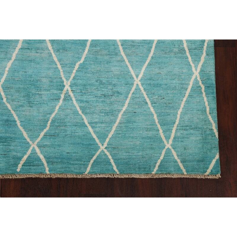 Turquoise Trellis Moroccan Vegetable Dye Area Rug Handmade Wool Carpet - 6'4" x 9'5"