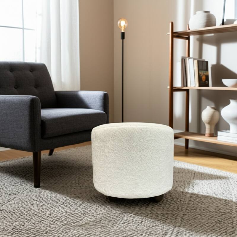 Wood Faux Fur Ottoman Ball Feet Luxury Pouf Footstool - 15" Ivory - Ivory - 20" x 20" x 15"