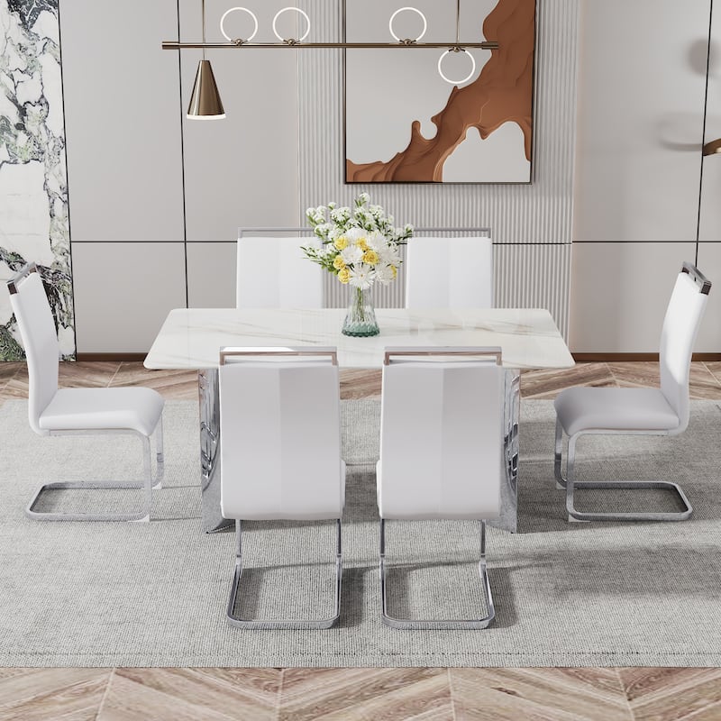 Modern Marble Glass Dining Set with Stainless Steel Legs & PU Chairs