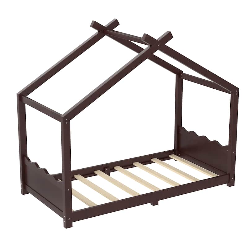 Queen/Full/Twin Solid Wood House Floor Bed, No Box Spring Needed