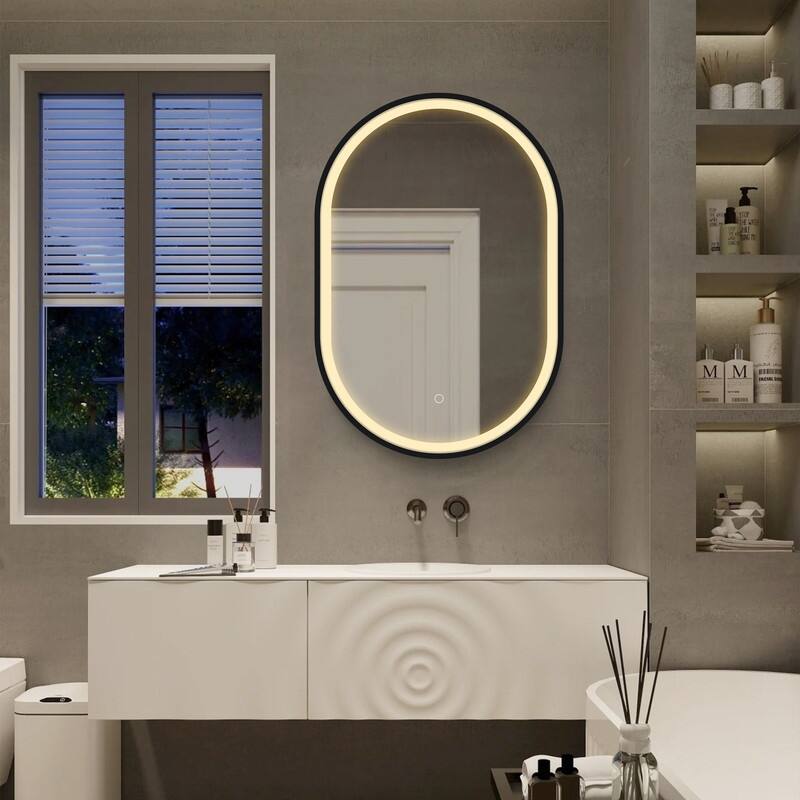 Alvana LED Black framed Wall mount Medicine Cabinet with Mirror Anti-fog function with 3 colors light