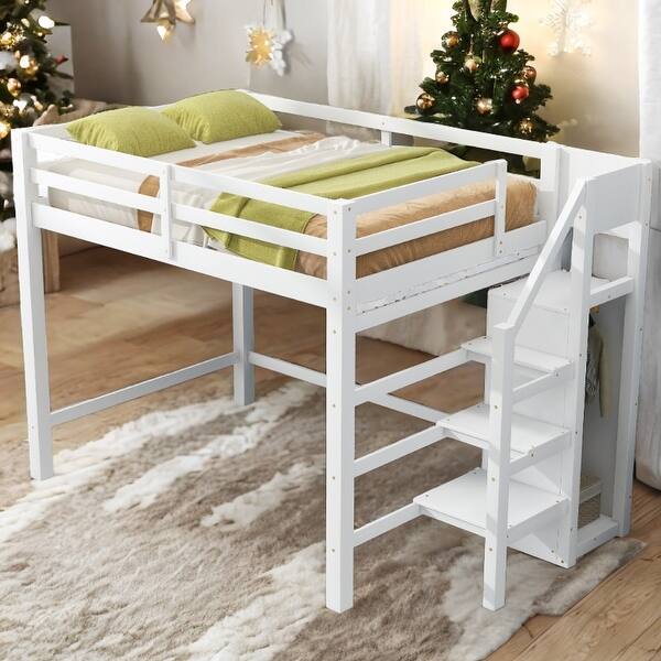 slide 2 of 30, Full Size Loft Bed Kids Bed with Wardrobe and Staircase White