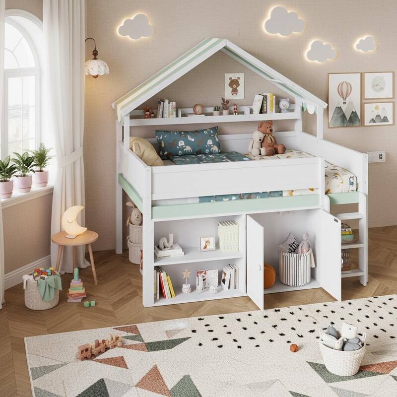 Full Size Loft Bed with Canopy Roof, Storage Cabinets & Open Shelves by Harper&Bright Designs - White&Green