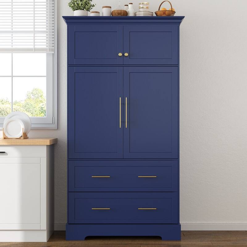 Farmhouse 72.6" Tall Kitchen Pantry with 4 Doors Storage Cabinet , 2 Drawers and Pull-out Trays for Cake Pan Storage Organizer - Black