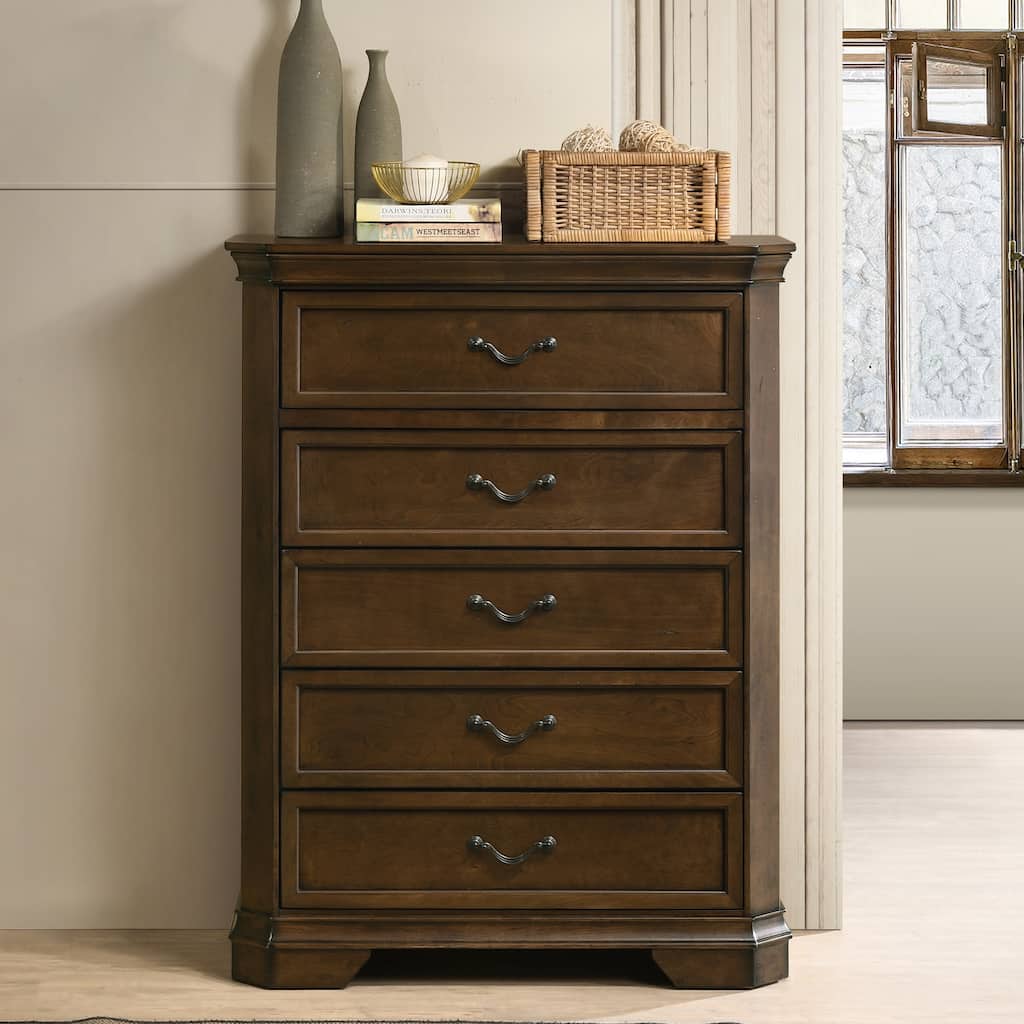 Roundhill Furniture Maderne Traditional Wood 5-Drawer Chest, Antique Walnut Finish