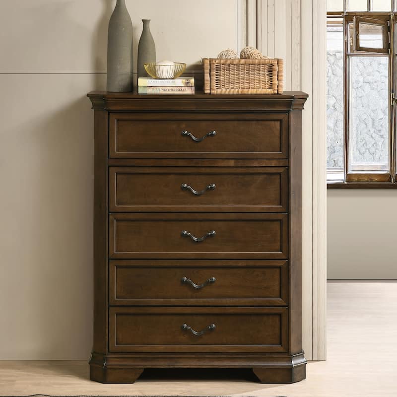 Roundhill Furniture Maderne Traditional Wood Panel Bed with Dresser, Mirror, Nightstand, Chest, Antique Walnut Finish