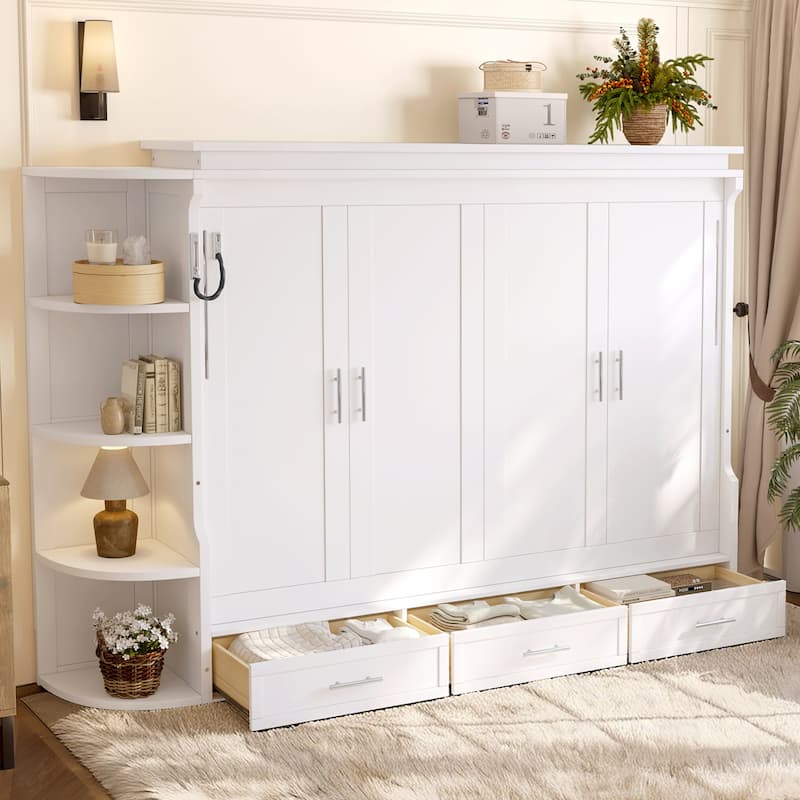 Murphy Platform Bed with Side Cabinets & Drawers, Wall Bed with Shelf for Home Office, Queen or Full