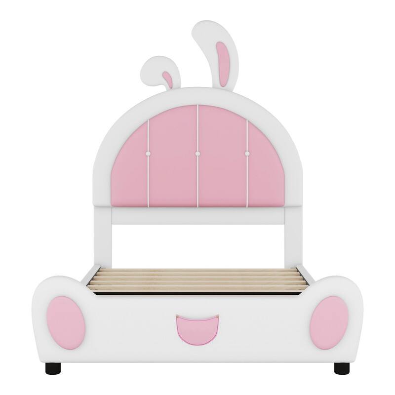 Twin Size Upholstered Platform Bed with Ribbit Shaped Headboard, Cute Animal Shaped Bed Frame with Bed End Storage Pocket