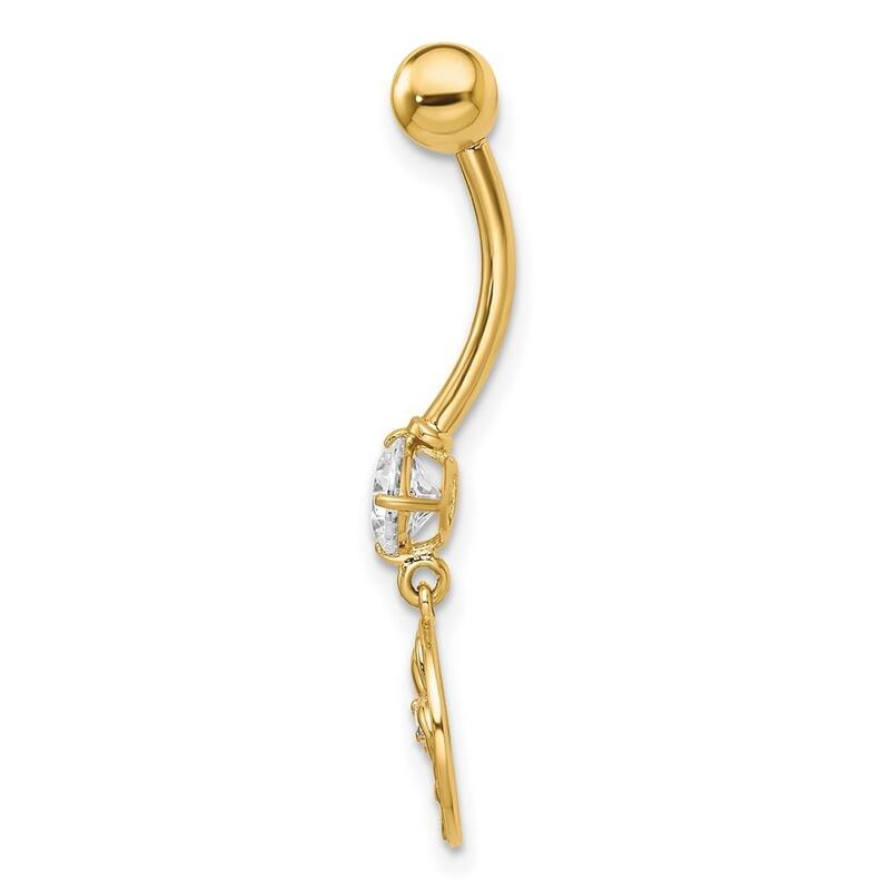 Curata 14k Yellow Gold 14g CZ Dangle Palm Trees Belly Button Navel Ring Piercing