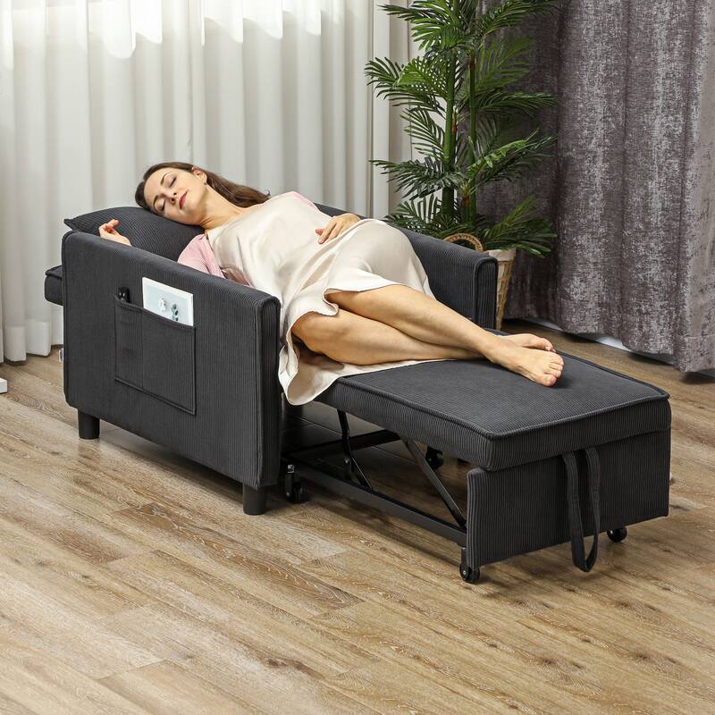 3-in-1 Lounge Chair Recliner Sofa Bed with Corduroy Upholstery and Storage Pockets for Adults - 29.1" W x 33.1" D x 31.9" H