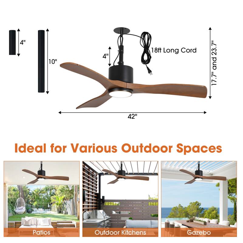 42" Classic Waterproof Wet Outdoor Gazebo Ceiling Fan with Light and Hook