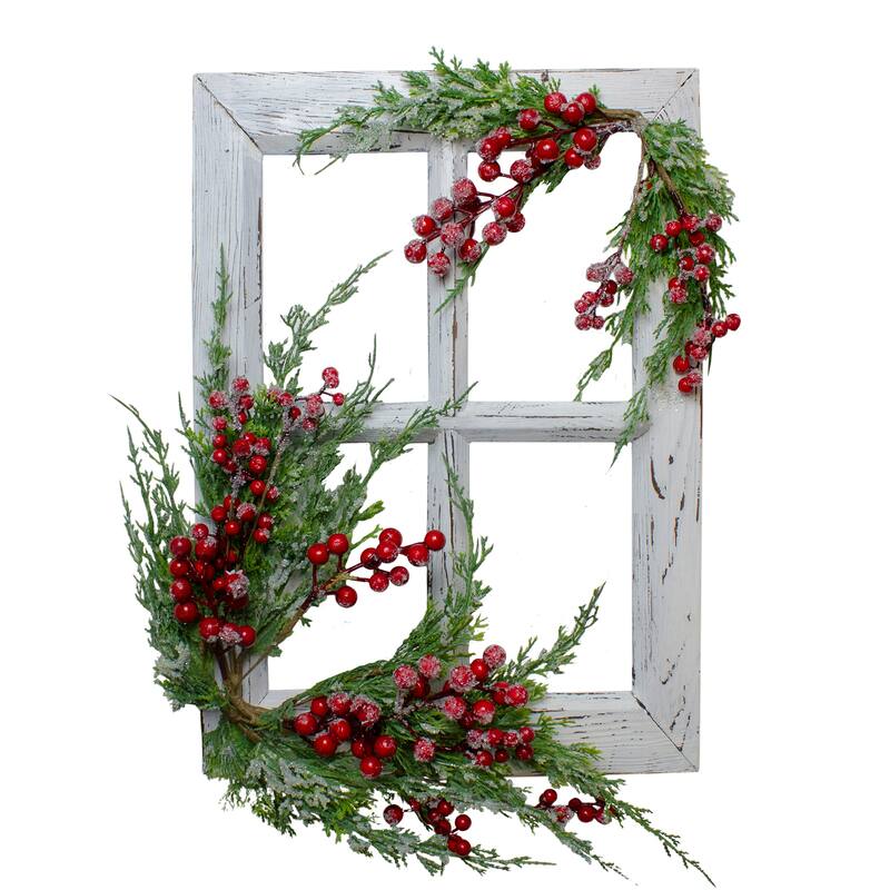 22" White Washed Window Frosted Berries and Cedar Christmas Wall Decor