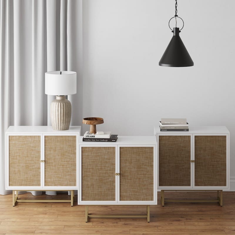 Nathan James Kova Natural Cane Rattan Doors Accent Cabinet with Metal Base and Adjustable Shelf - White - Set of 3