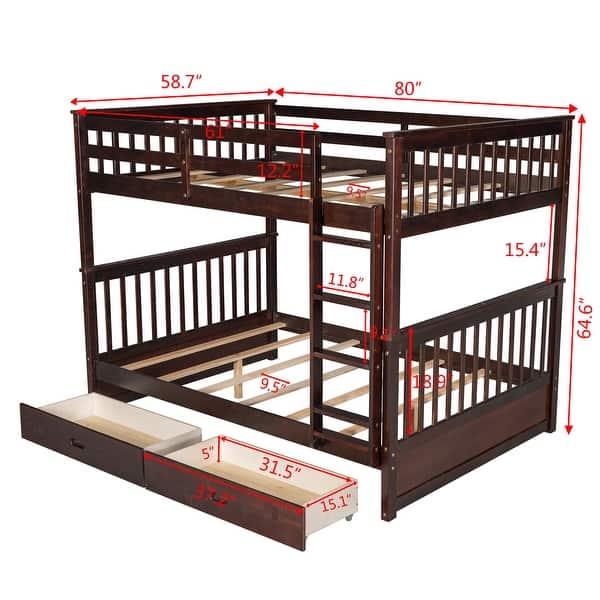 dimension image slide 3 of 5, Wooden Bunk Bed Frame with Pull Out Storage Drawers, Headboard, Footboard, Ladder, Full-length Guardrail for Kids, Teens