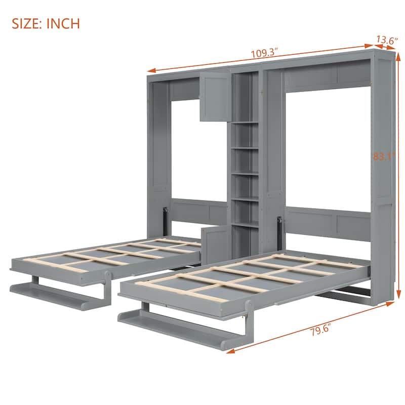 Roomfitters Twin Wall Murphy Bed System with Center Storage Shelves, Convertible Fold Down Sleeper Cabinet