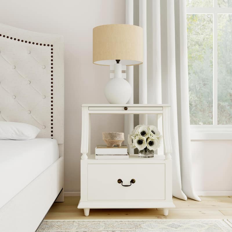 Mabel Genuine Marble and Wood 1-Drawer Nightstand - White