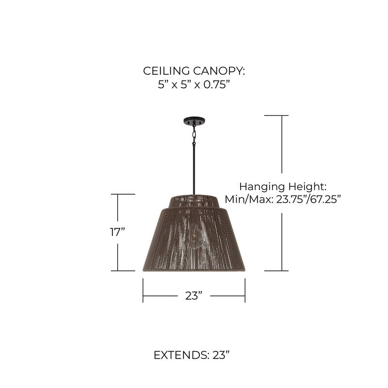 24" W x 17.25" H 1-Light Indoor Outdoor Pendant in Matte Black and Hand-wrapped Resin Rope - 23"W x 17"H