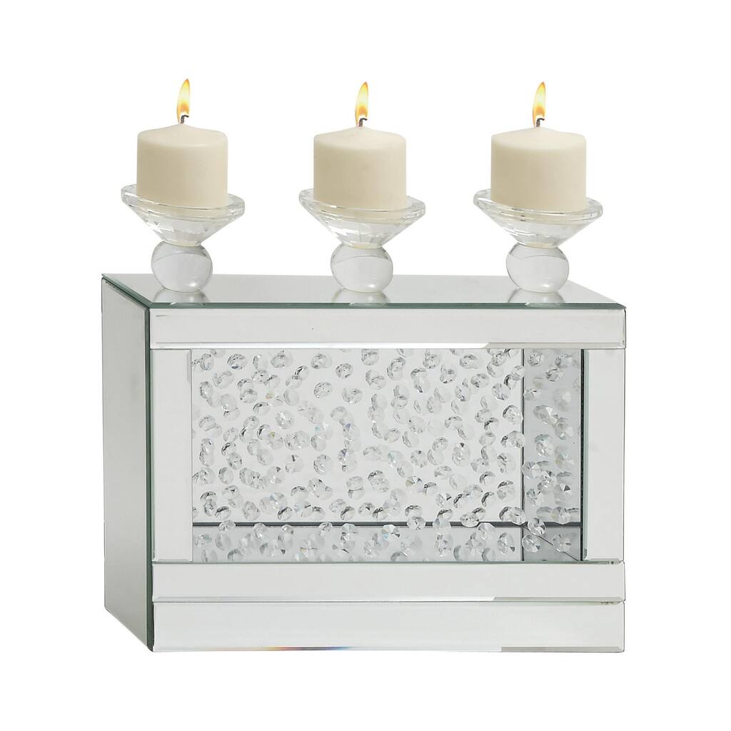 Wooden Pillar 3 Plate Candelabra with Mirrored Accents and Crystals - Silver - Roche River Decor