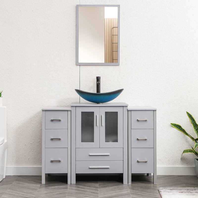 48" Bathroom Vanity Set Vessel Sink Mirror Faucet W/ Small Cabinet Combo - Glass blue boat sink - Grey