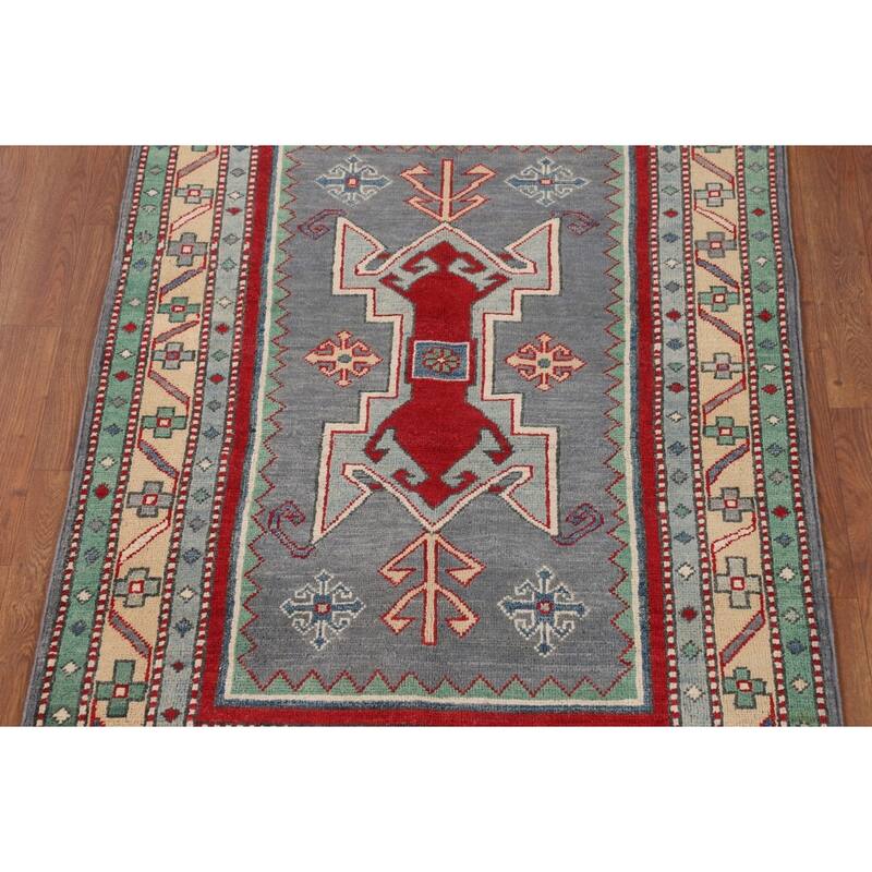 Gray Geometric Kazak Foyer Rug Hand-Knotted Traditional Wool Carpet - 3'4" x 4'9"