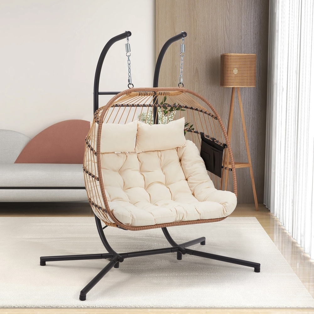 EROMMY Hanging Egg Chair with Stand, Foldable Indoor/Outdoor Swing Chair includes Cushion and Pillow, Patio Wicker Swing