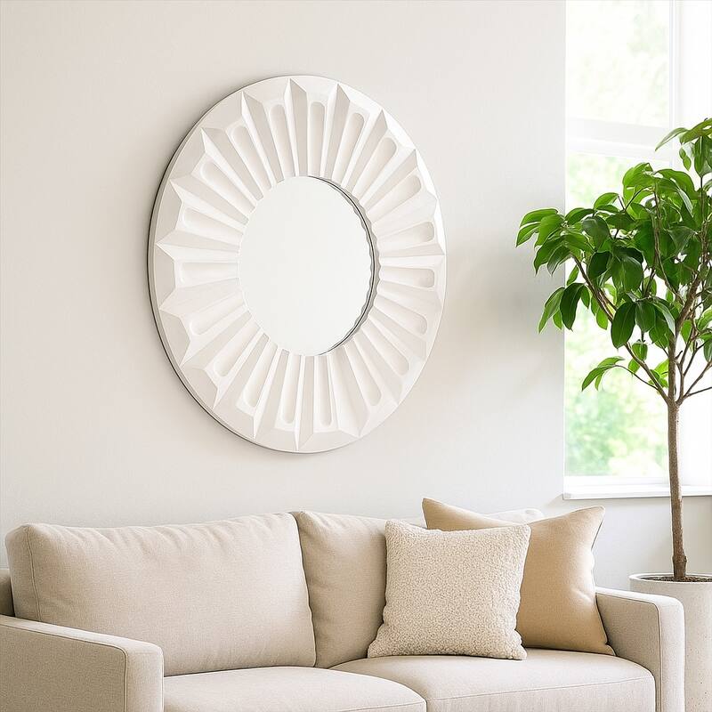 Modern Round Wall Mirror - Sculptured Carved Wood Frame - 36", Ivory - 35.5"