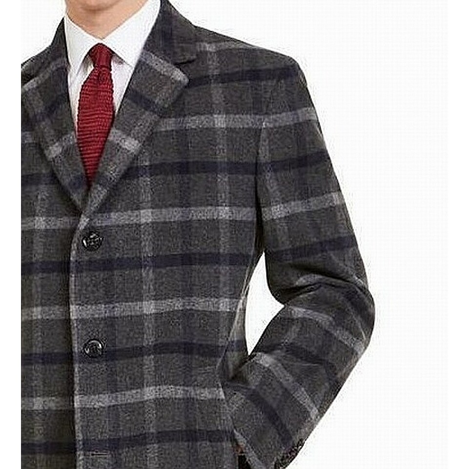 tommy hilfiger red & black wool blend plaid coat