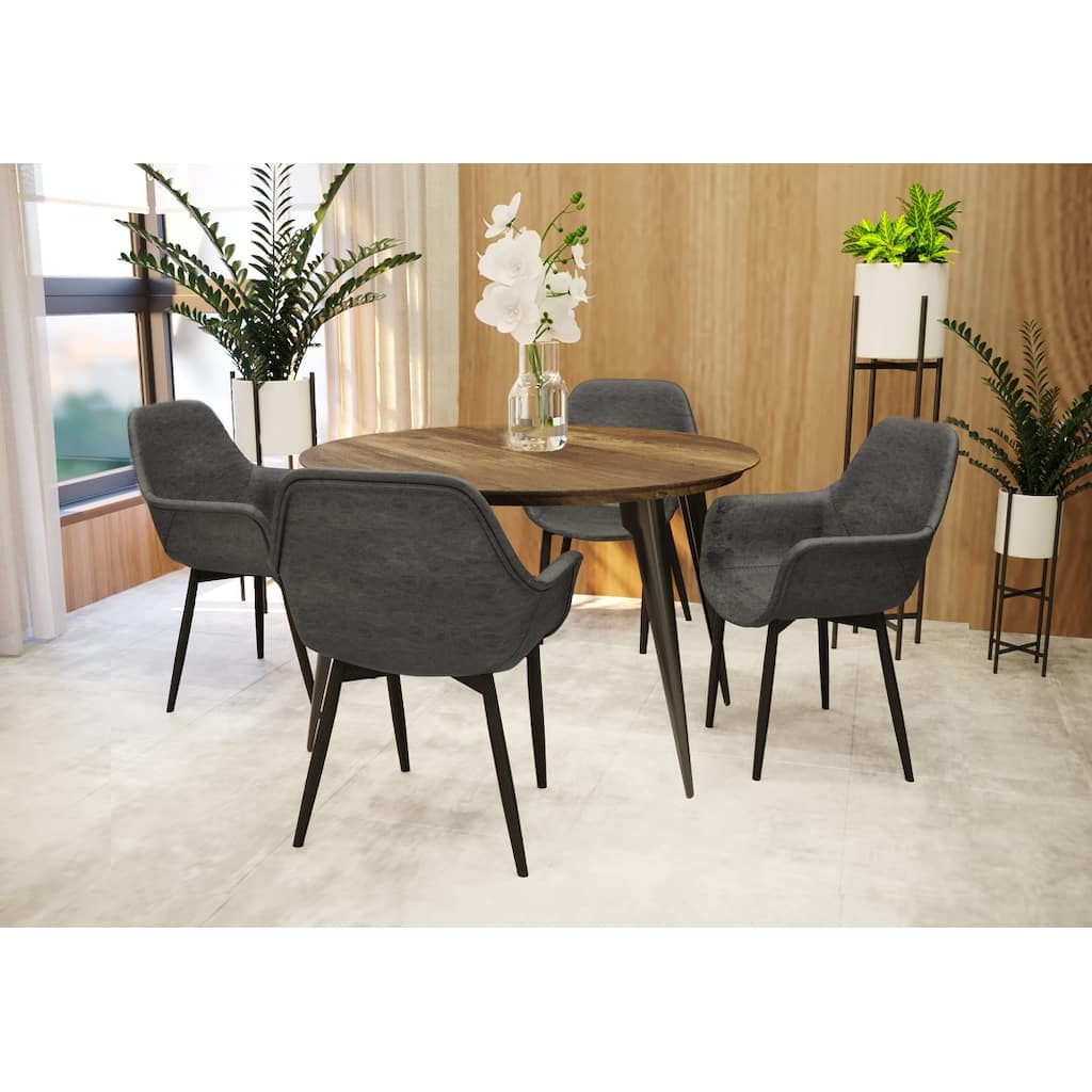 Ravenna Mid-Century Modern Round Kitchen Dining Table Set for 5 with Solid Wood Top, Leather Chair for Home Dining Room