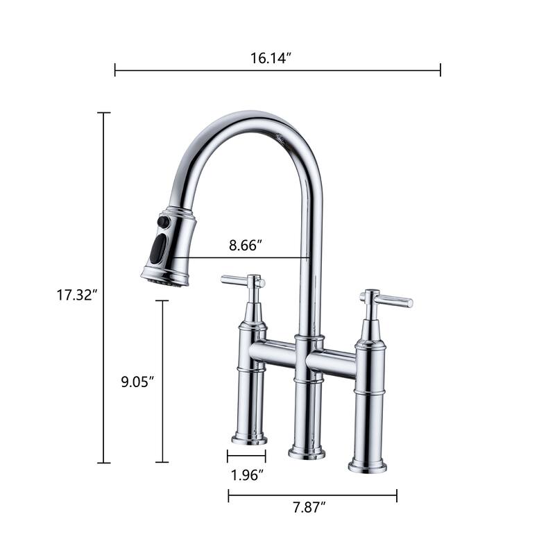Transitional Bridge Kitchen Faucet with Pull-Down Sprayhead, Double Handle Kitchen Sink Faucet