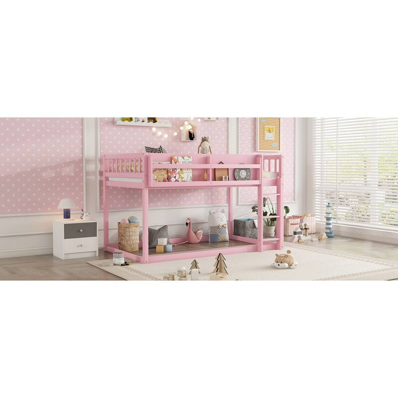 Roomfitters Twin Over Twin Bunk Bed, Low Floor Loft Platform Bed and Shelf with Wooden Frame for Bedroom