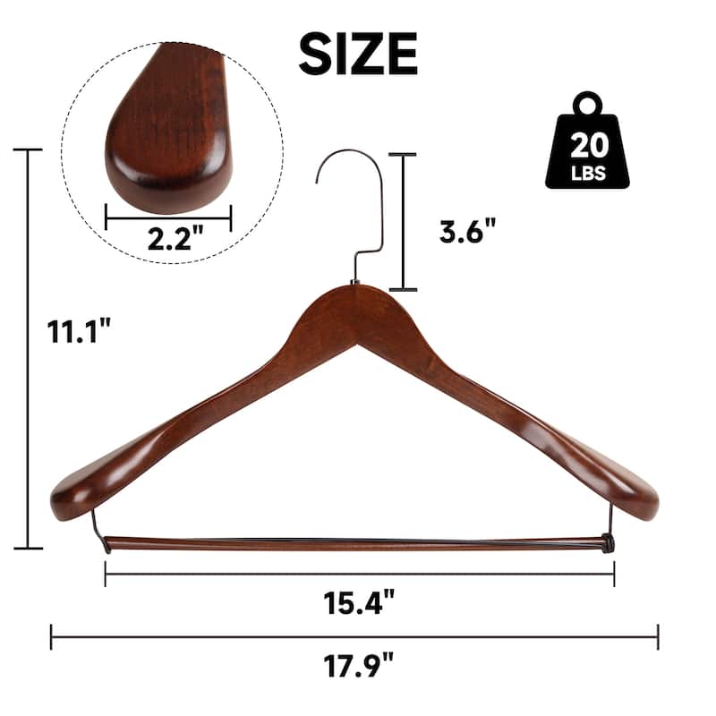 BP4U Premium Wide Shoulder Wooden Suit Hangers, Heavy-Duty Non-Slip Solid Wood Coat Hangers with Locking Bar
