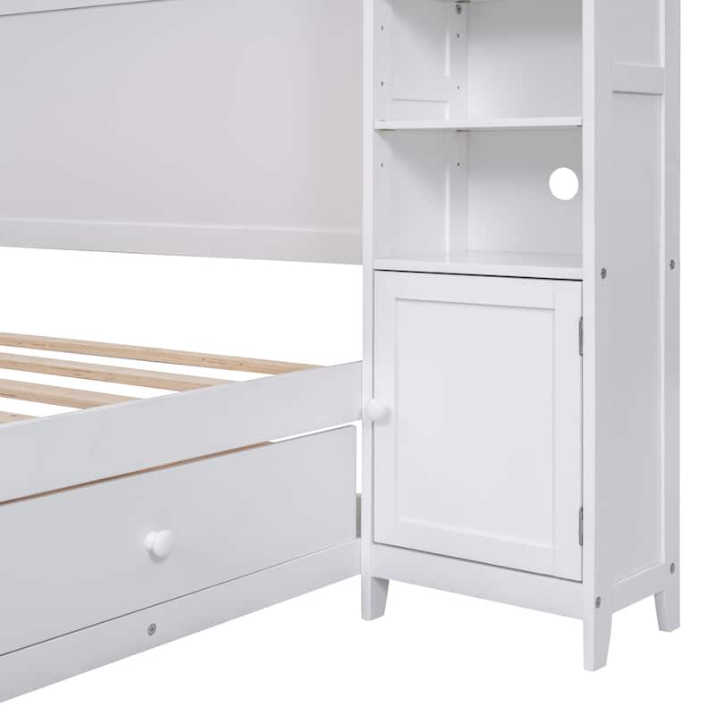 Full Size Platform Bed Storage Bed With All-in-One Cabinet, Shelves and Pull-out Drawers, Wooden Bookcase Bed for All Ages
